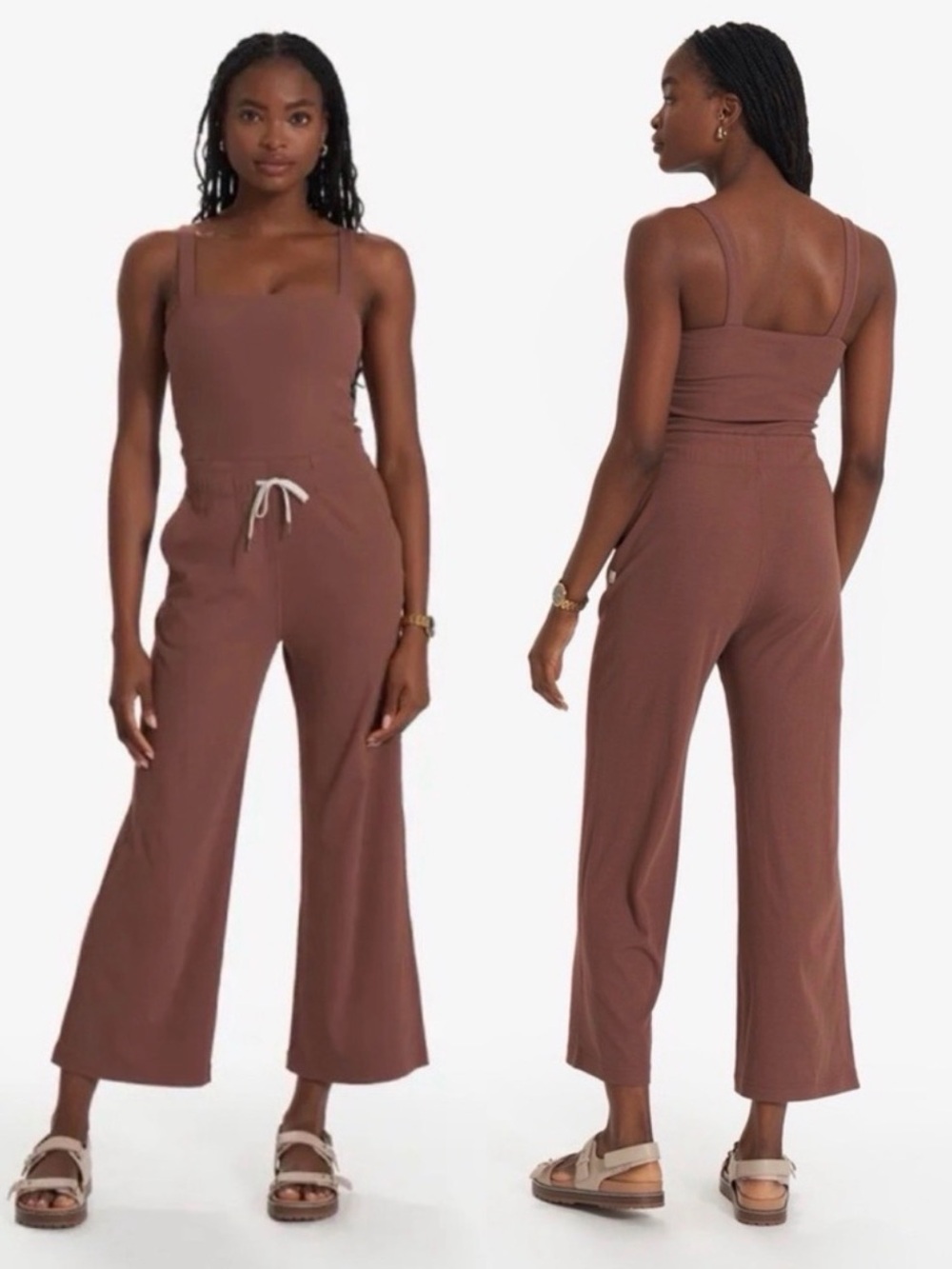 Vuori Mudra Pose Jumpsuit Chestnut Brown Wide Leg Ribbed VW491